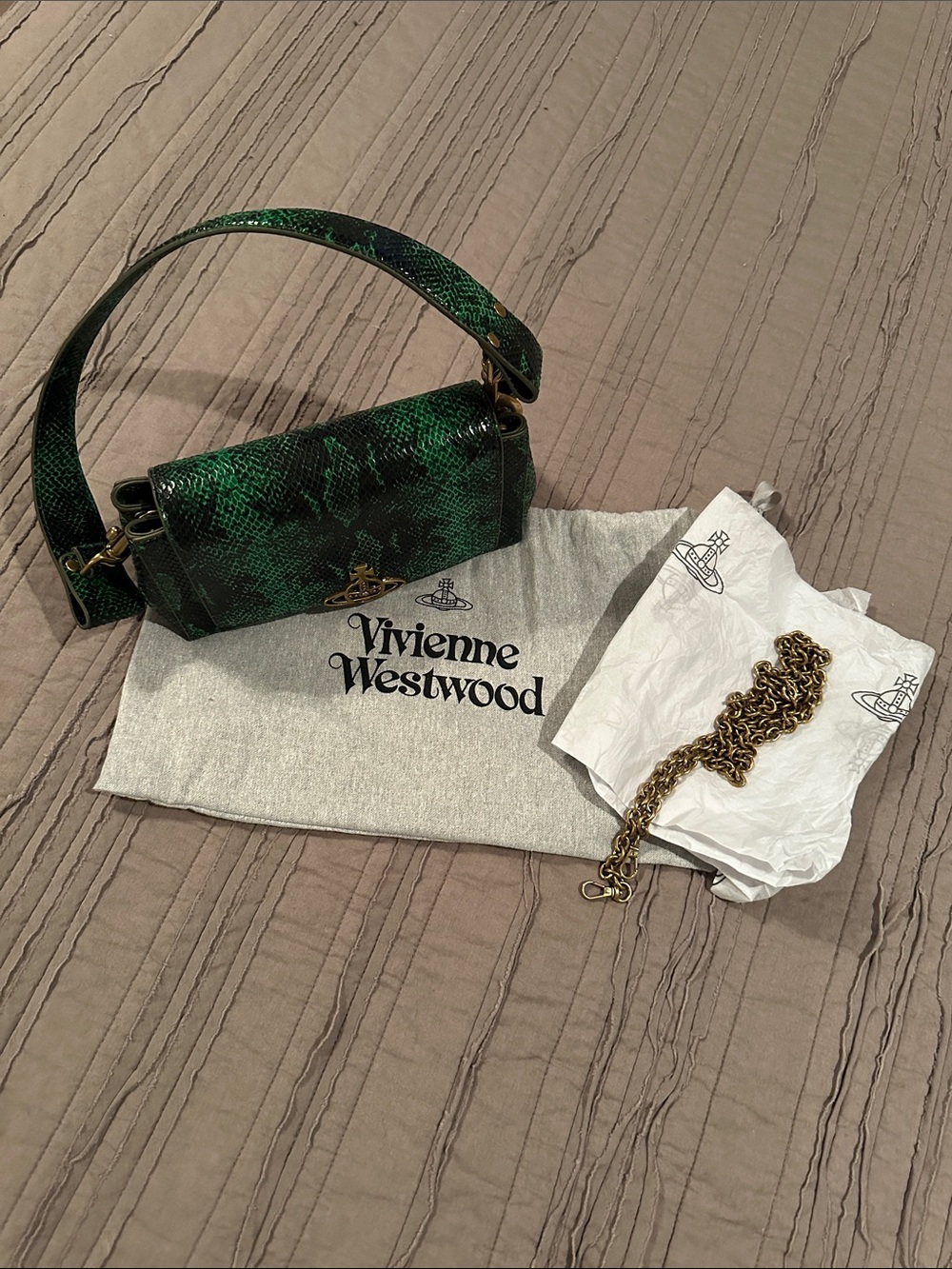Vivienne Westwood Emerald Green Snake-Print Shoulder Bag with Gold Hardware